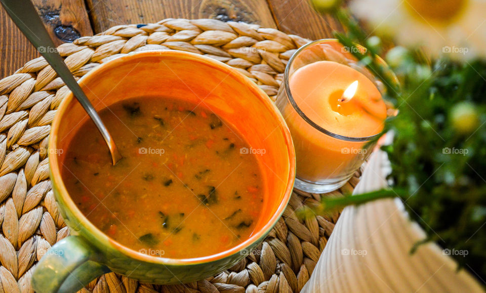 High angle view of a soup