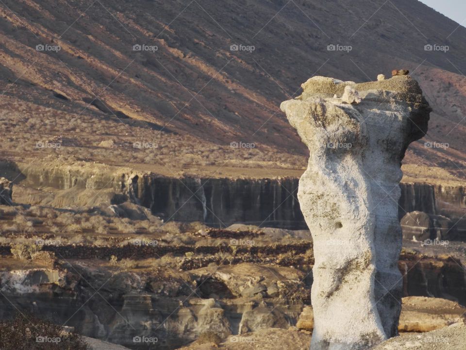 paisaje desértico de rocas, piedras y montaña de fondo en un entorno árido y salvaje