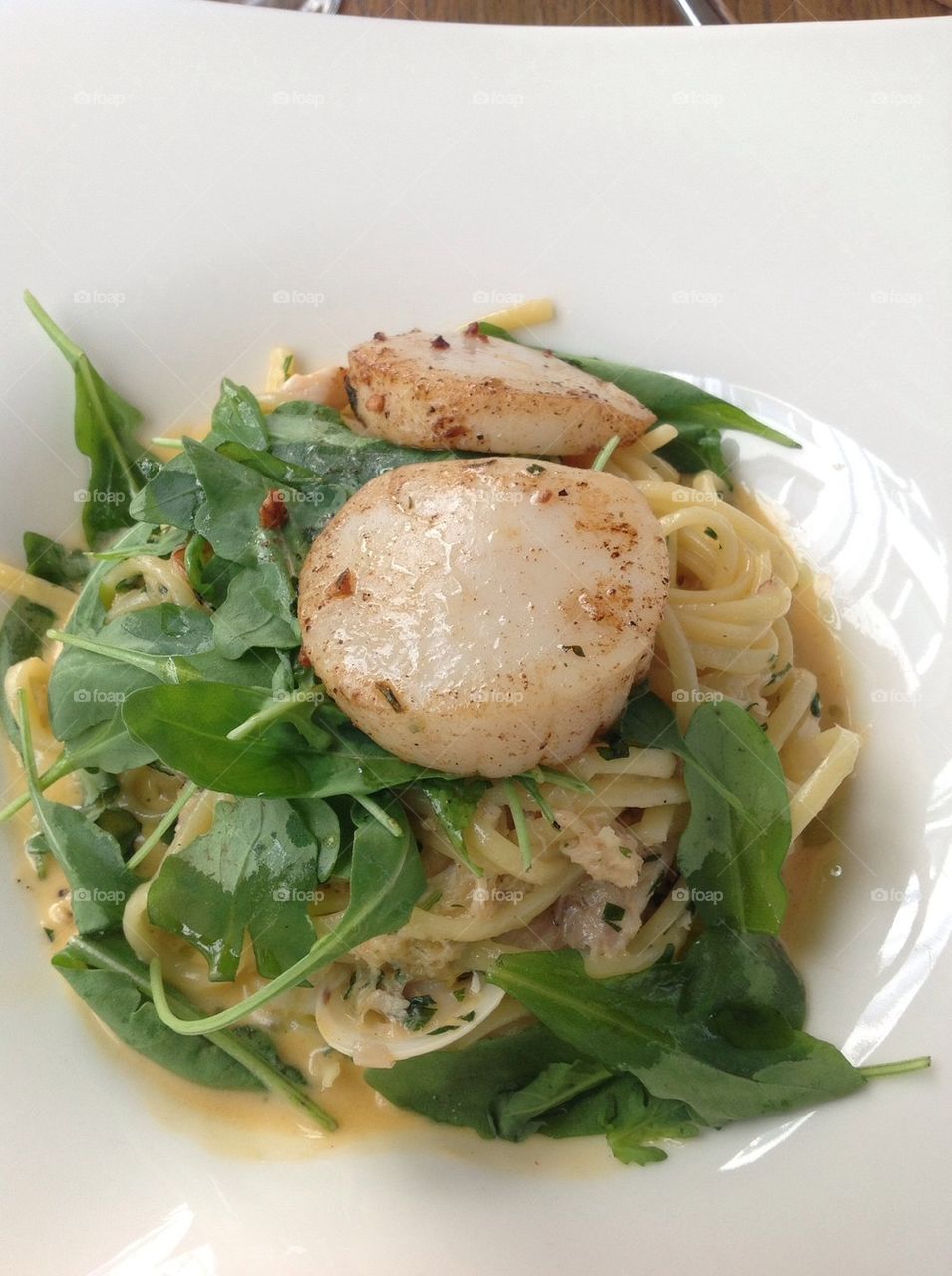 scallop pasta in crab sauce