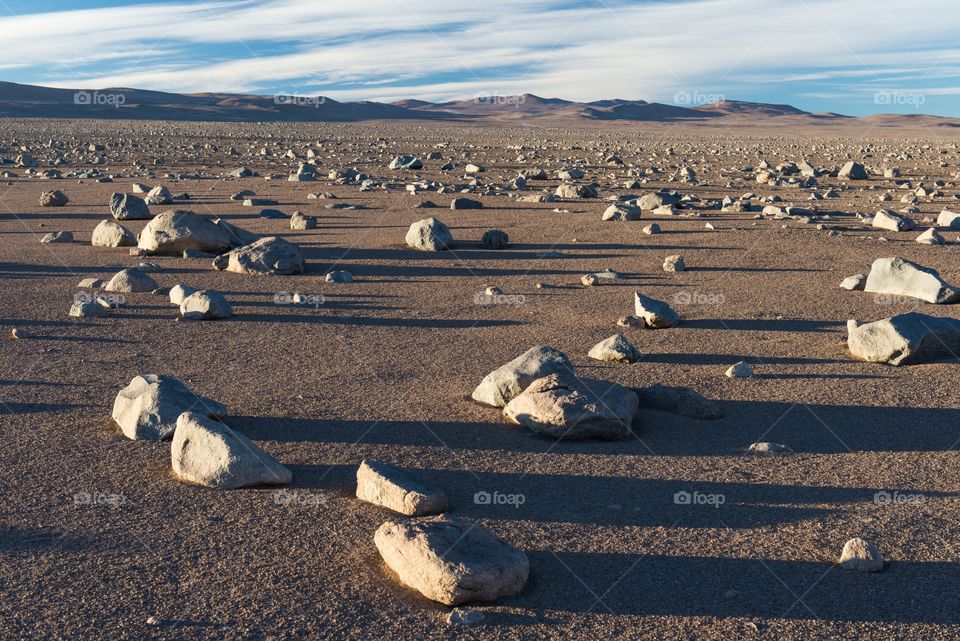 Atacama Desert, Chile. Desert landscape with stones and shadow casts
