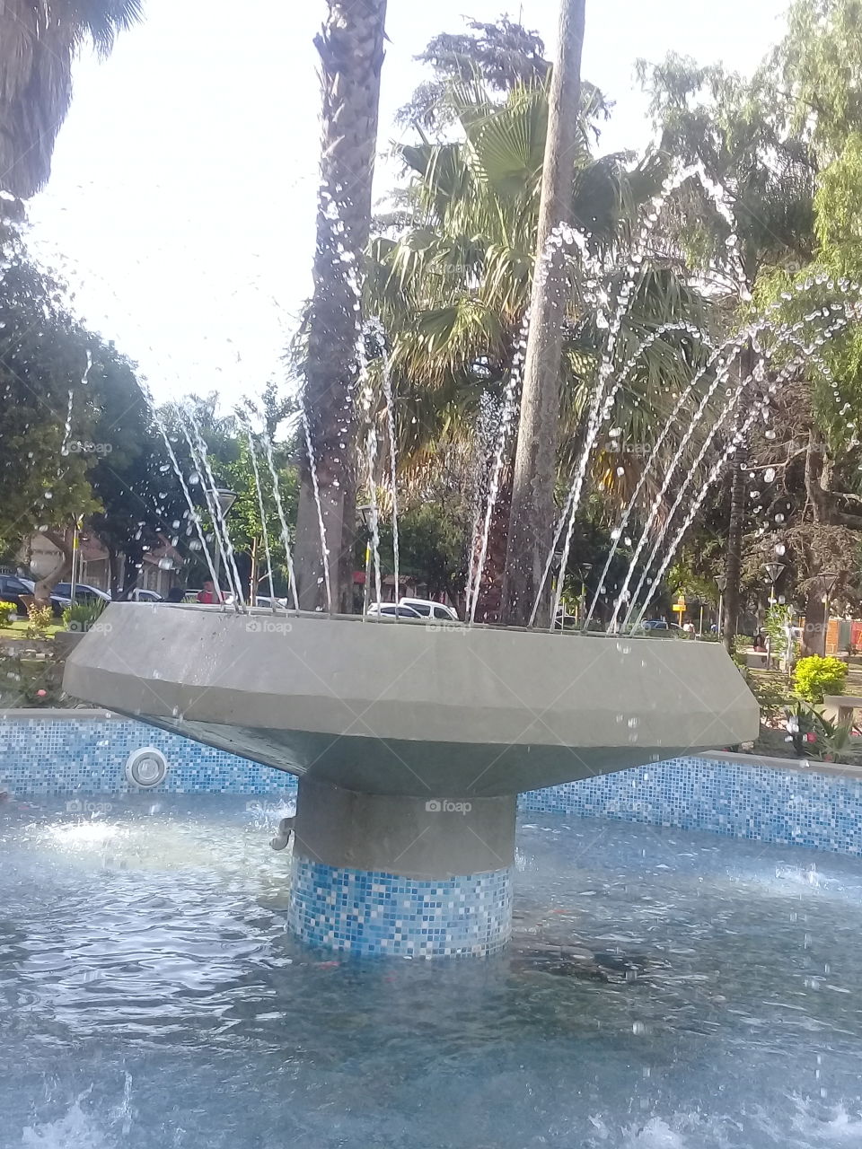 fuente de agua en una plaza de pueblo echando agua a chorros desde lo alto y rodeada de palmeras
