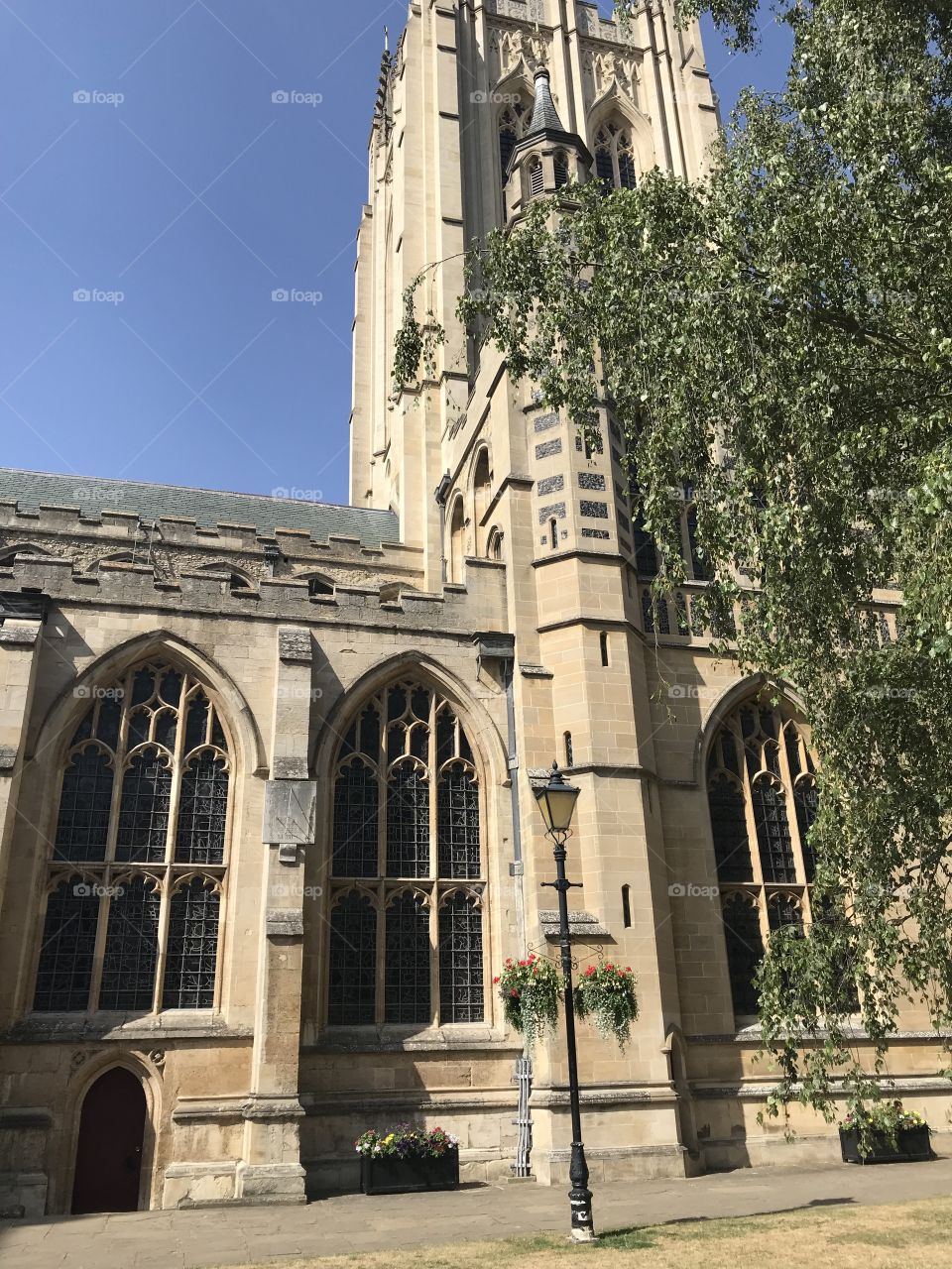 Lamppost and flowers by the cathedral in Bury St. Eds 
