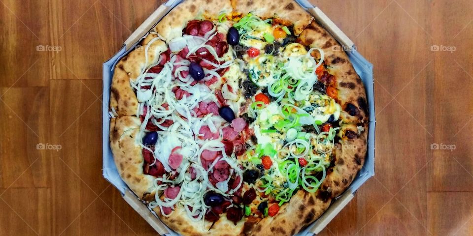 Brazilian/Italian Pizza - pepperoni sausage and gorgonzola, tomato and leek.