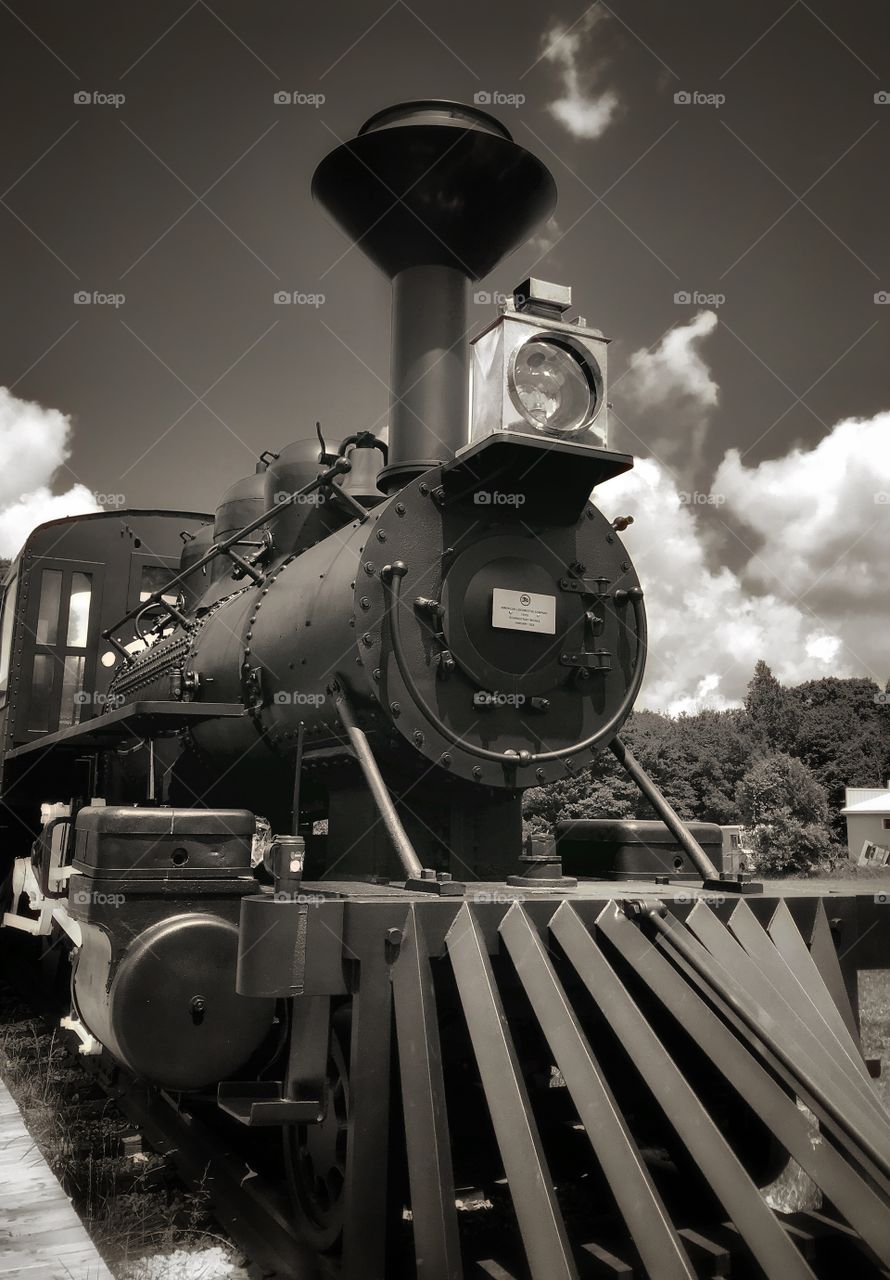 Steam engine train in black and white—taken in Ludington, Michigan 