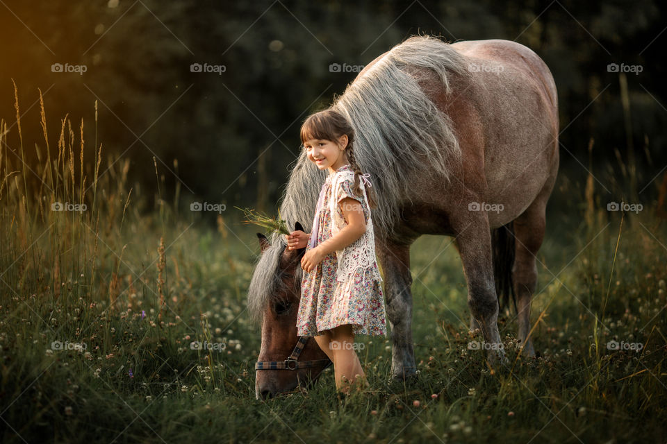 Little girl with horse at summer evening 