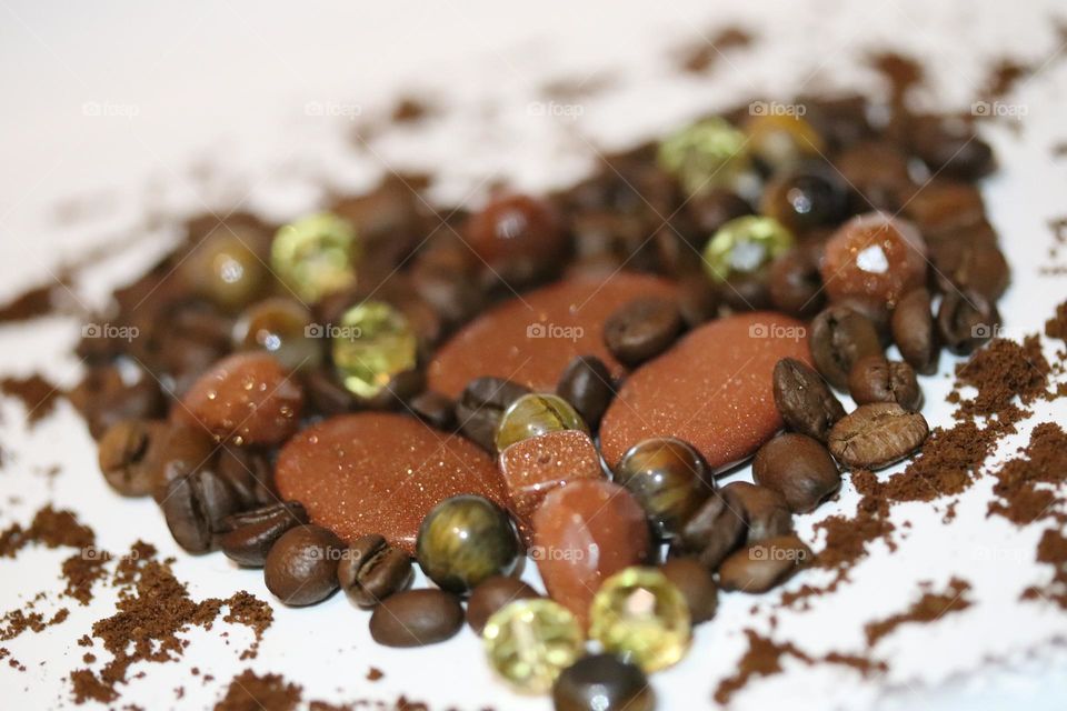 Semi-precious stones and coffee beans