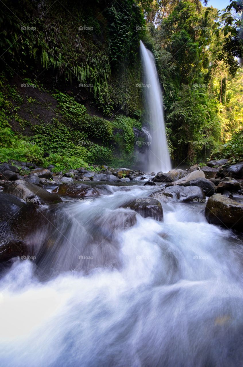 Layered water flows with cool air and green scenery are attractions that you can enjoy when you visit Sendeng Gile waterfall in Lombok, Indonesia. Motion blur and soft focus due to Long Exposure Shot.