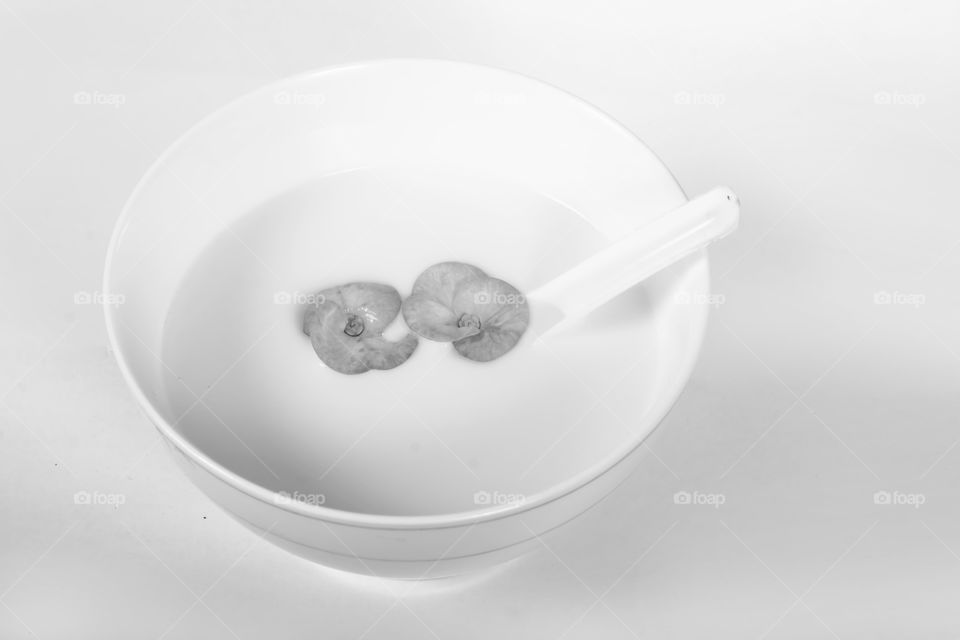 White milk and flowers in a bowl.