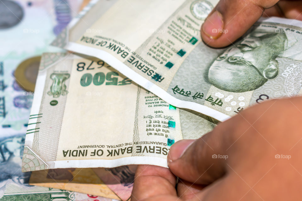 Selective Focus. Profit from business. Texture and background new 500 Indian rupee currency ready for business investment. Corruption clampdown of Indian government with new series of Indian Rupee.
