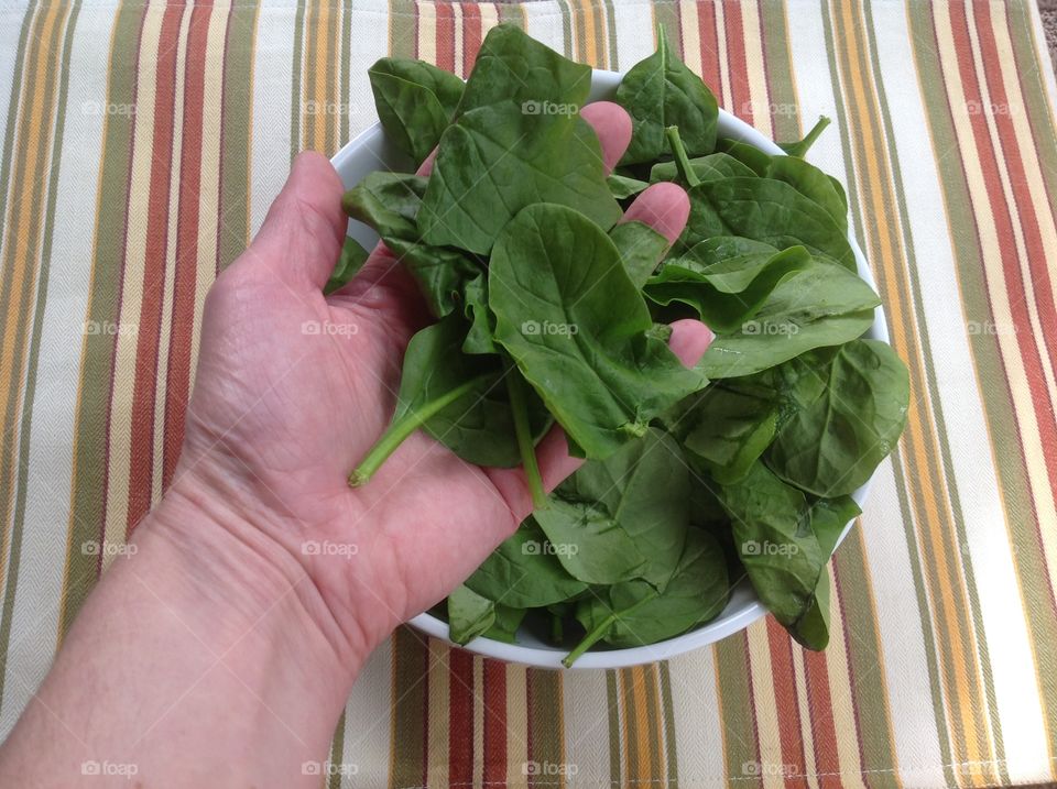 Holding a handful of spinach.