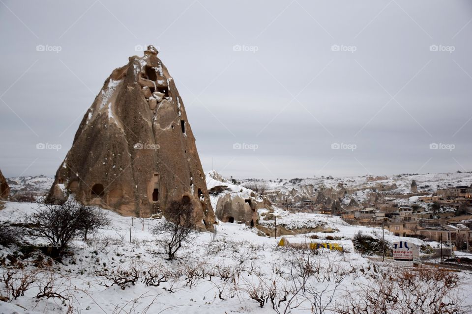 Cappadocia houses at Mountains, winter time, turkey