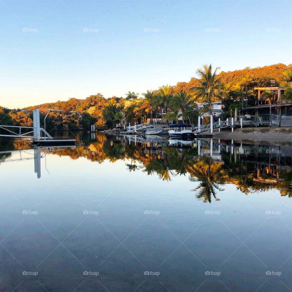 Reflections on the river in the evening tropical 