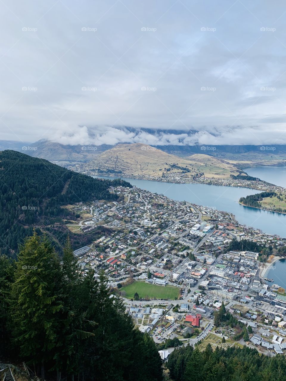 Queenstown, New Zealand viewed from The Skyline. A cold but beautiful sunny afternoon up on the mountain.