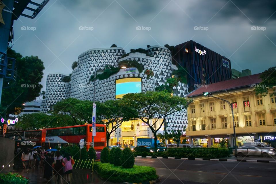 Rainy day on busy hours at Bugis street, Singapore..