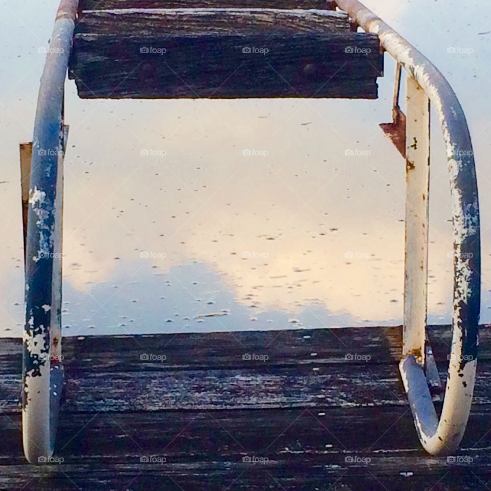 Incredible Reflections, reflecting, reflection,reflect, light, Sky, clouds, water, lake, pond, dock, wood, wooden, old, ladder, 