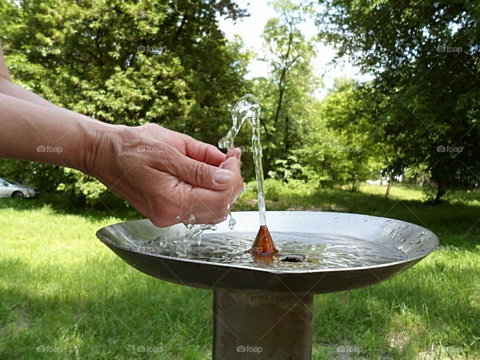 In the hands of women pour a stream of water from the fountain