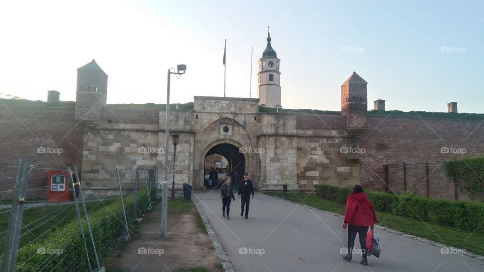 Gate of fortress Kalemegdan and Sahat tower (clock) in Belgrade (Serbia)