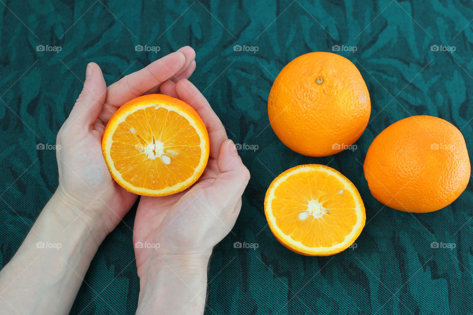 Orange, fruit, hands, Orange in hands, food, still life, abstraction