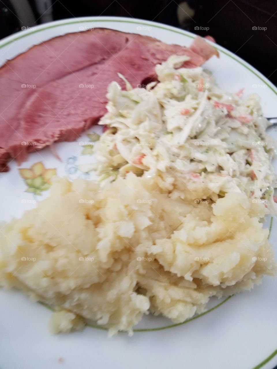 coleslaw and potatoes with ham