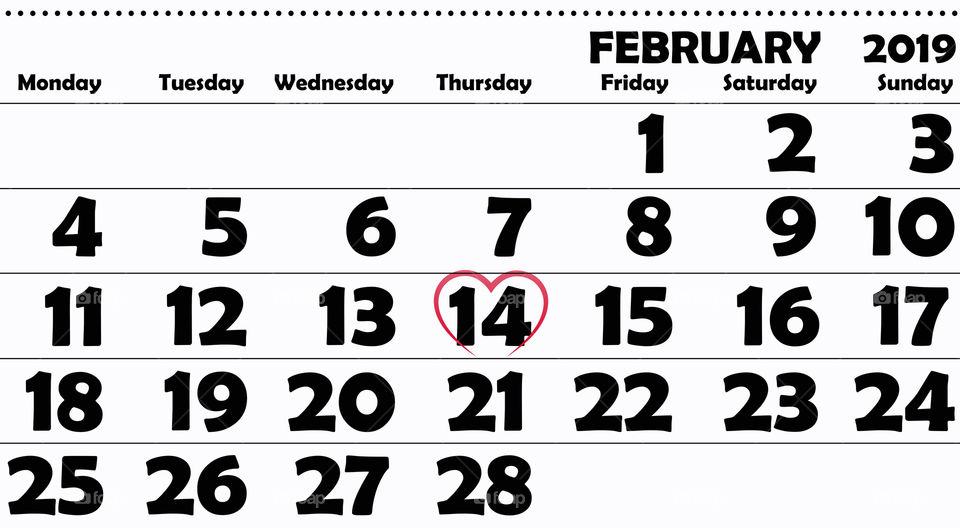 February 2019 calendar with focus on Valentine's Day in EU format