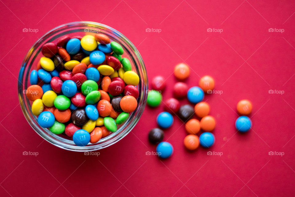 M&M's on a red background