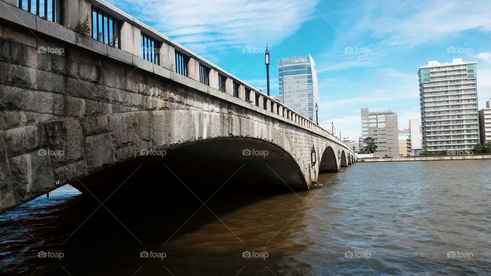 Bandai Bridge Shinano River Niigata Japan. Blue sky and city