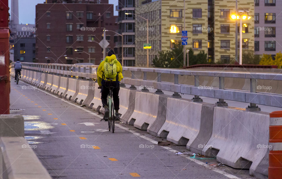 Riding the bike over Pulaski bridge, New York.