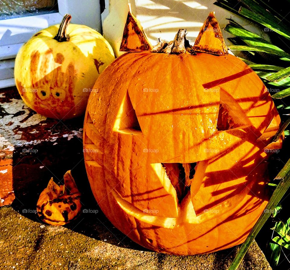 Halloween display featuring a large orange pumpkin carved in the shape of a cat's face