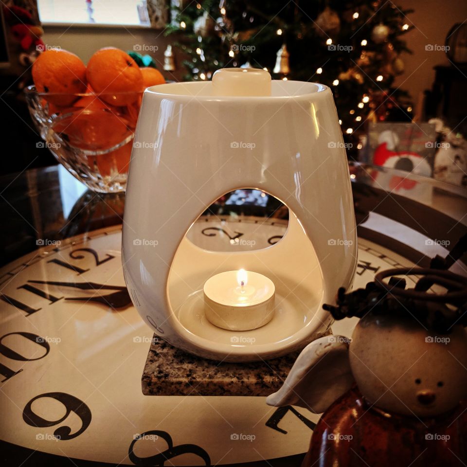 White Porcelain Oil Burner with Clock Table and Christmas Angel and Christmas Tree