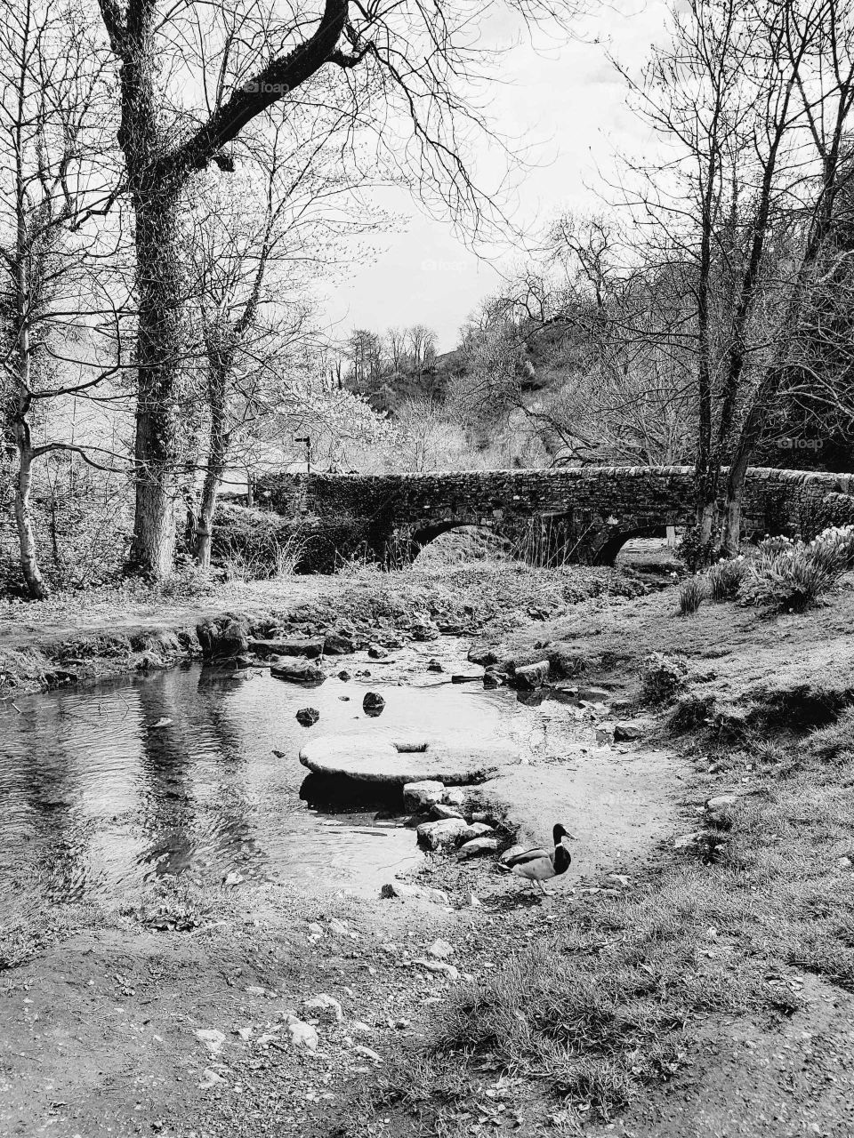black and white mill stone and packhorse bridge