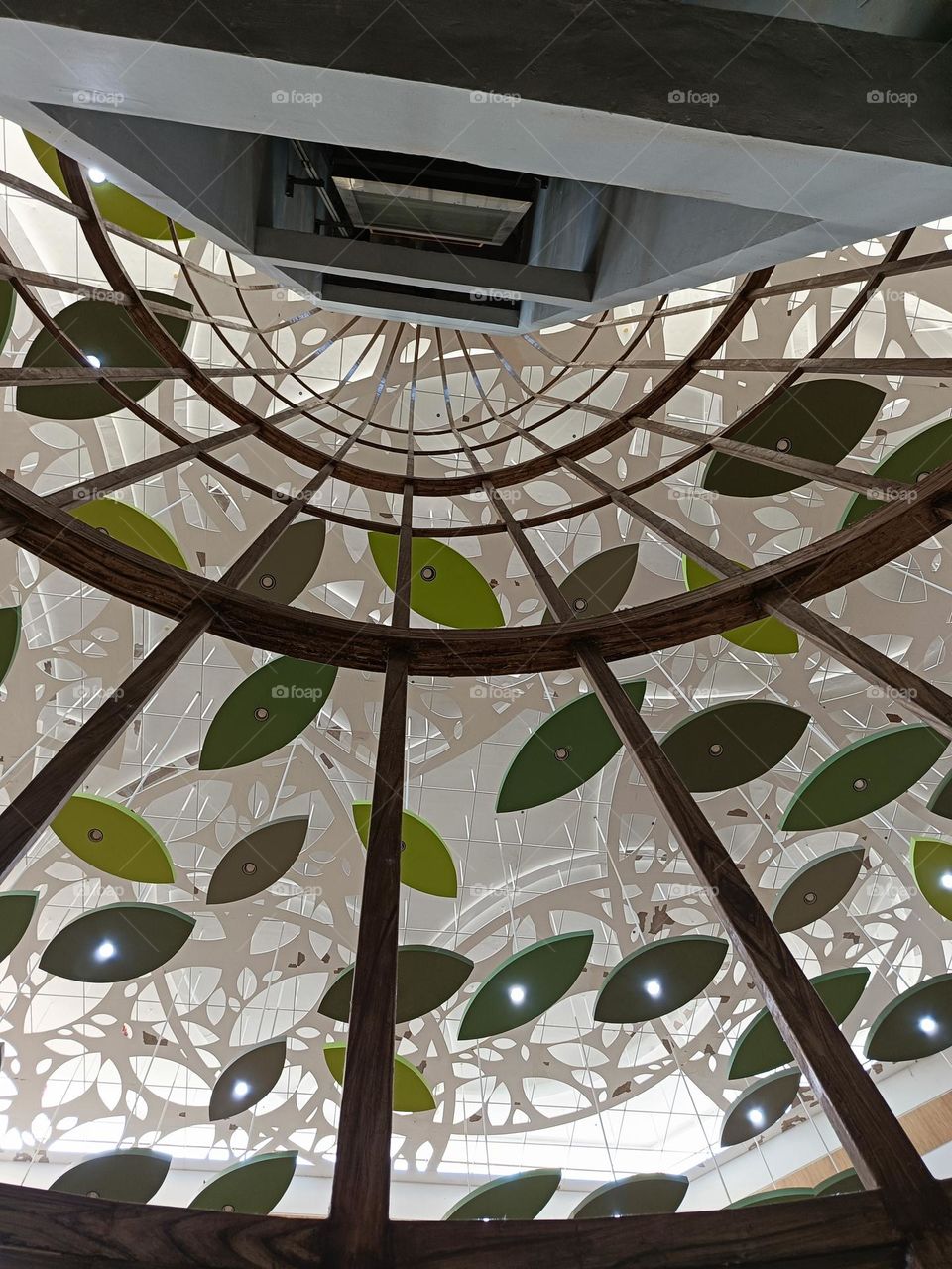 "An abstract canopy of green leaves, suspended in stillness, casts soft light and brings a touch of nature’s calm to the space."