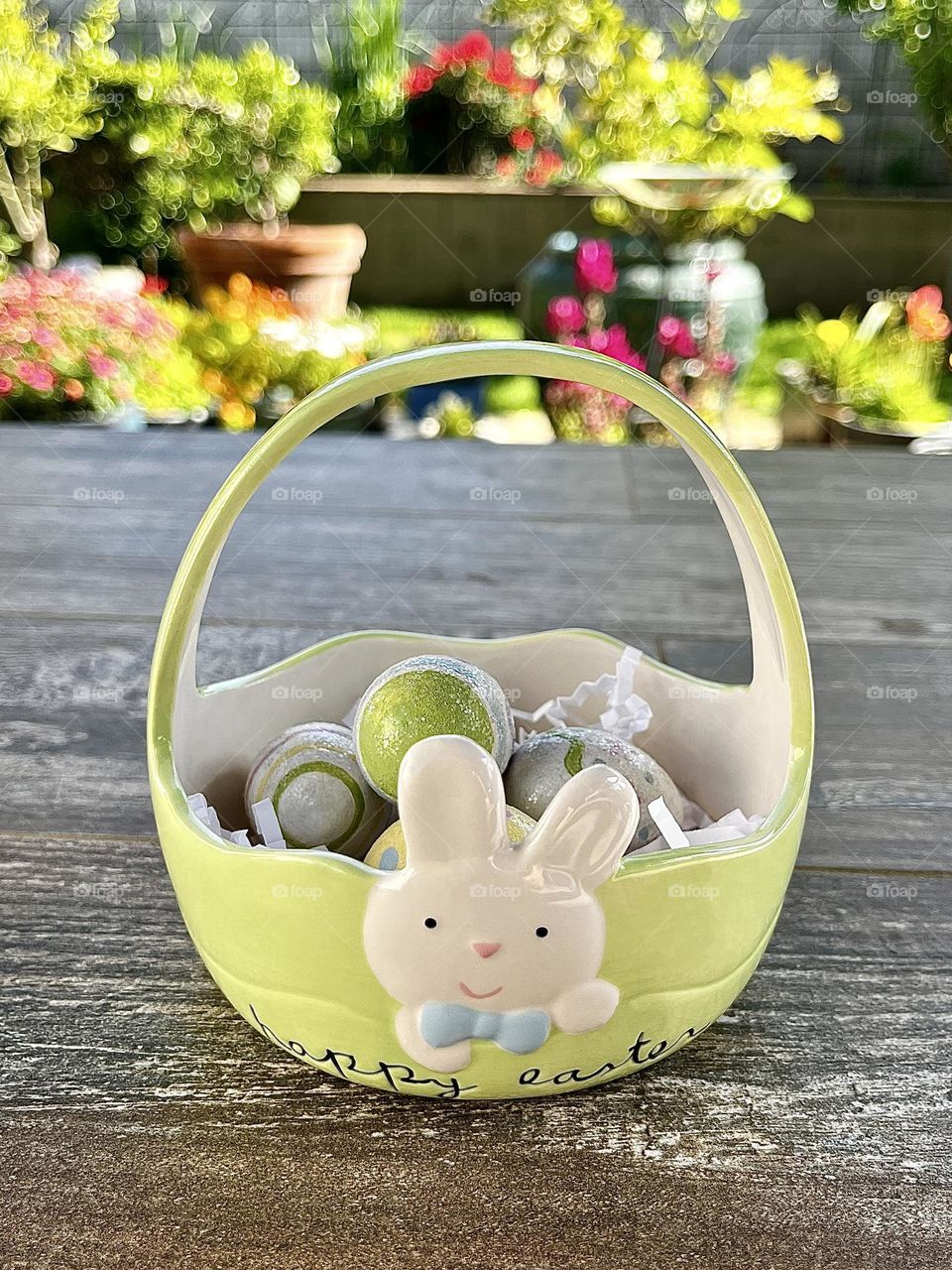 Mint Green Easter Basket with Eggs and Bunny