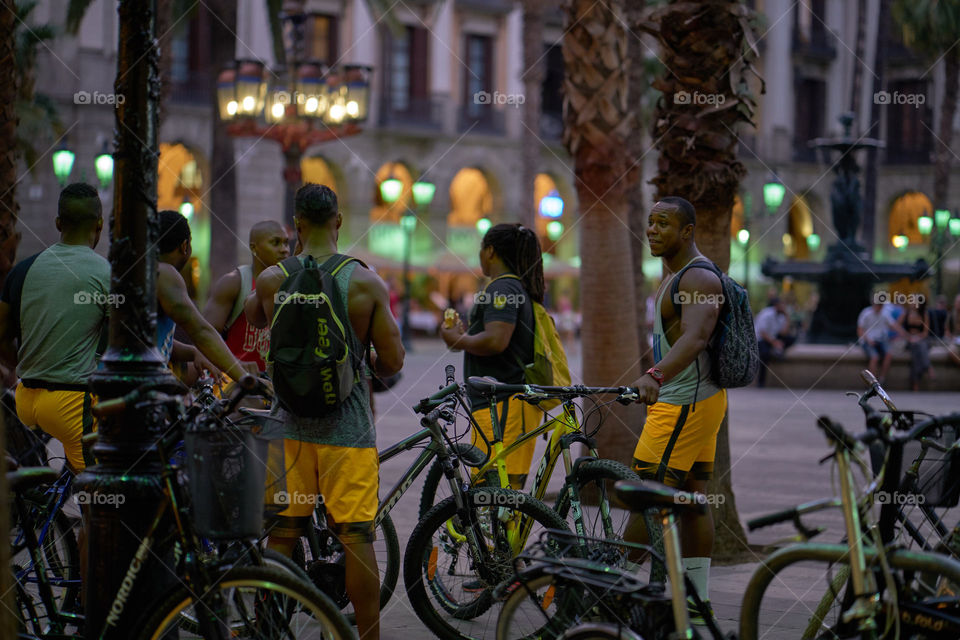 Capoeira team in Plaza Real de Barcelona waiting to dance. 