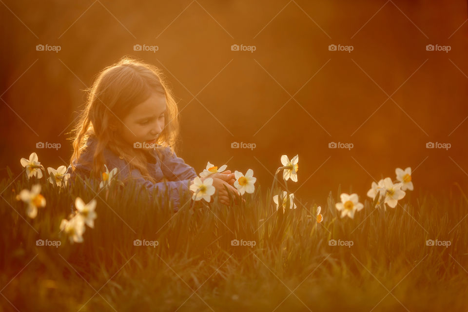 Little girl with narcissus at sunset