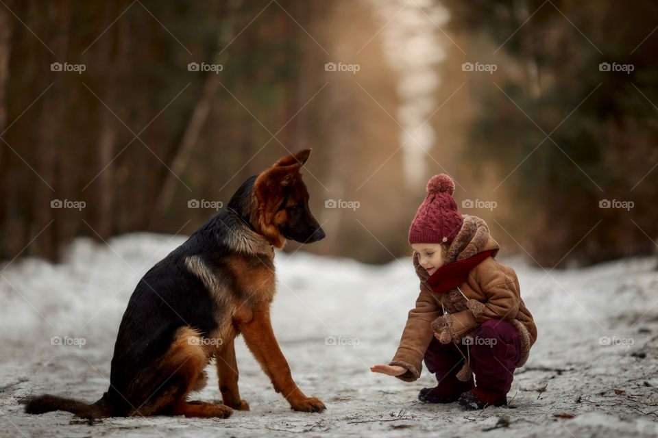 Little girl with German shepherd 6-th months puppy at early spring forest