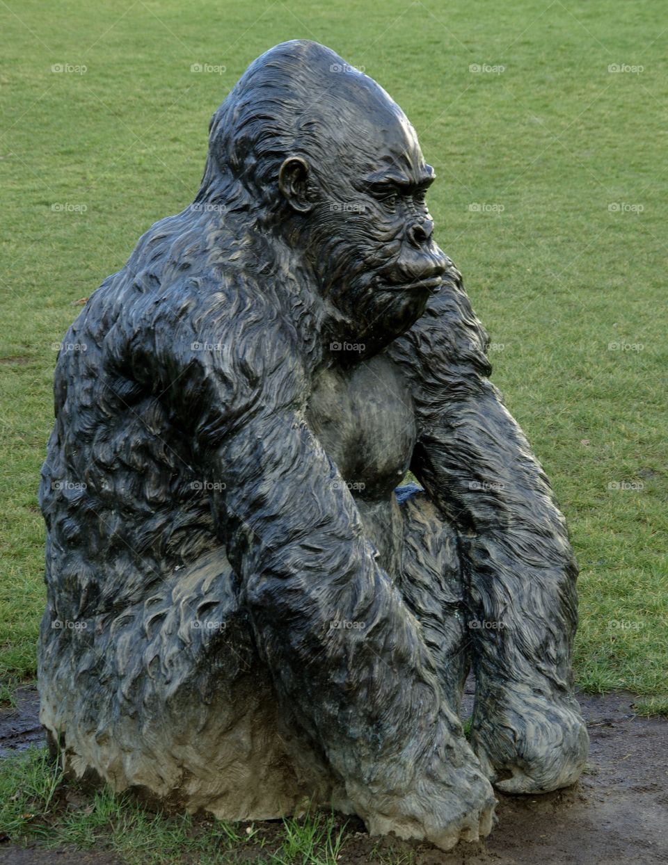 Exterior daylight.  Stratford, UK,  A black gorilla’s statue sits in green grass.