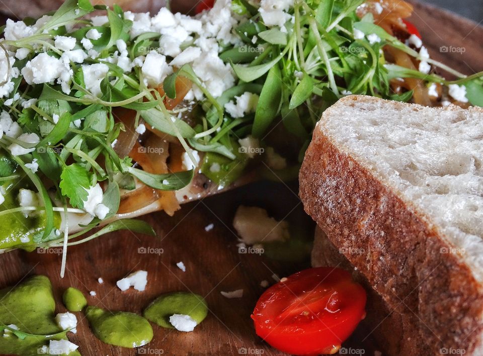 Fresh Green Salad. Fresh Garden Salad With Ripe Tomatoes And Freshly Baked Bread
