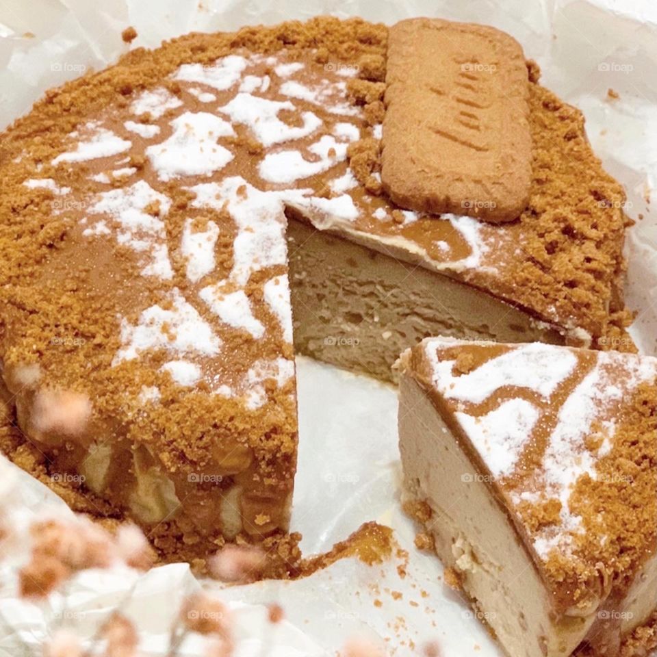 Freshly baked basque burnt cheesecake with Biscoff spread and cool ox sugar icing on top 