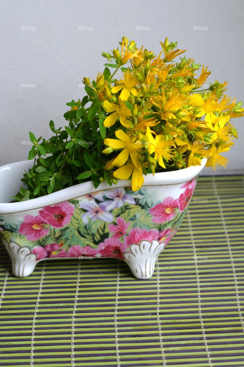 yellow flowers in vase, summer time