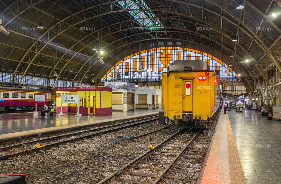 Train wagons in the concourse of the Huang Lamphong Railway station in Bangkok Thailand Southeast Asia