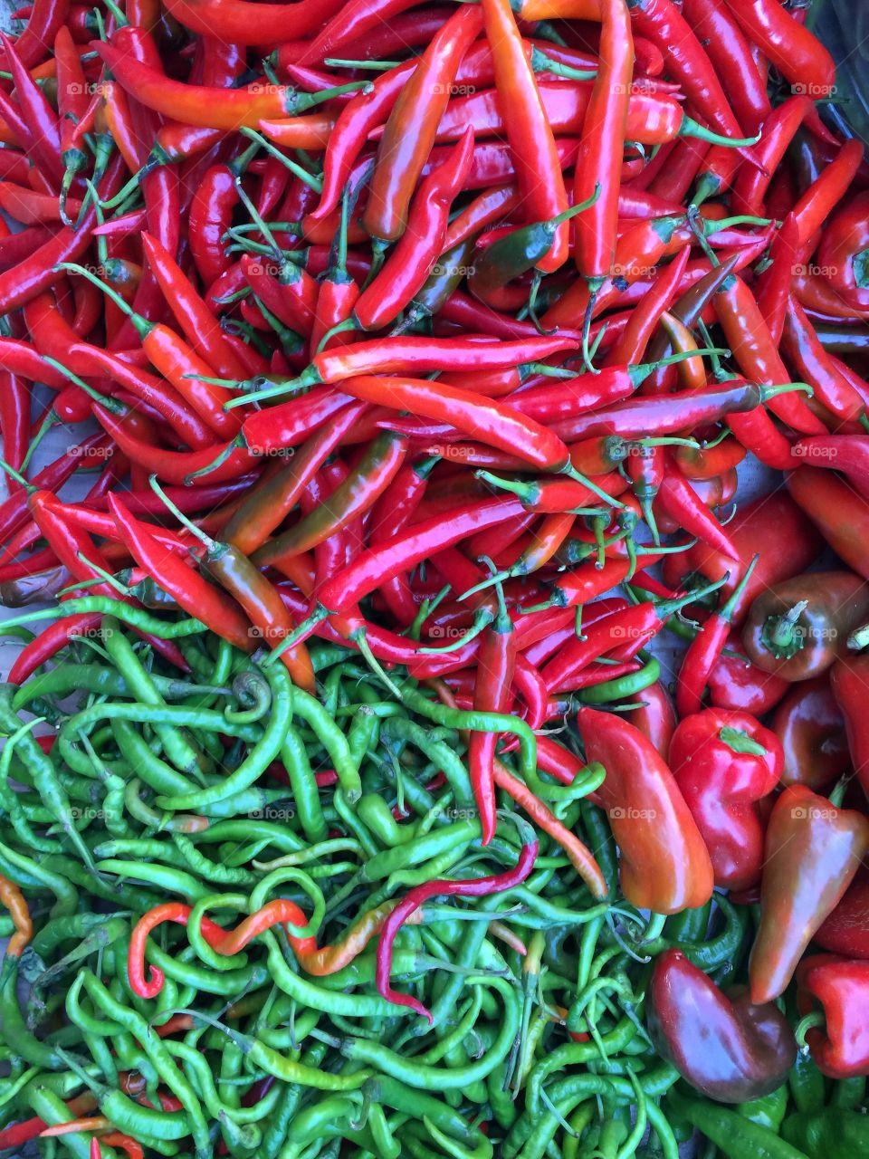 Red and green peppers in the market
