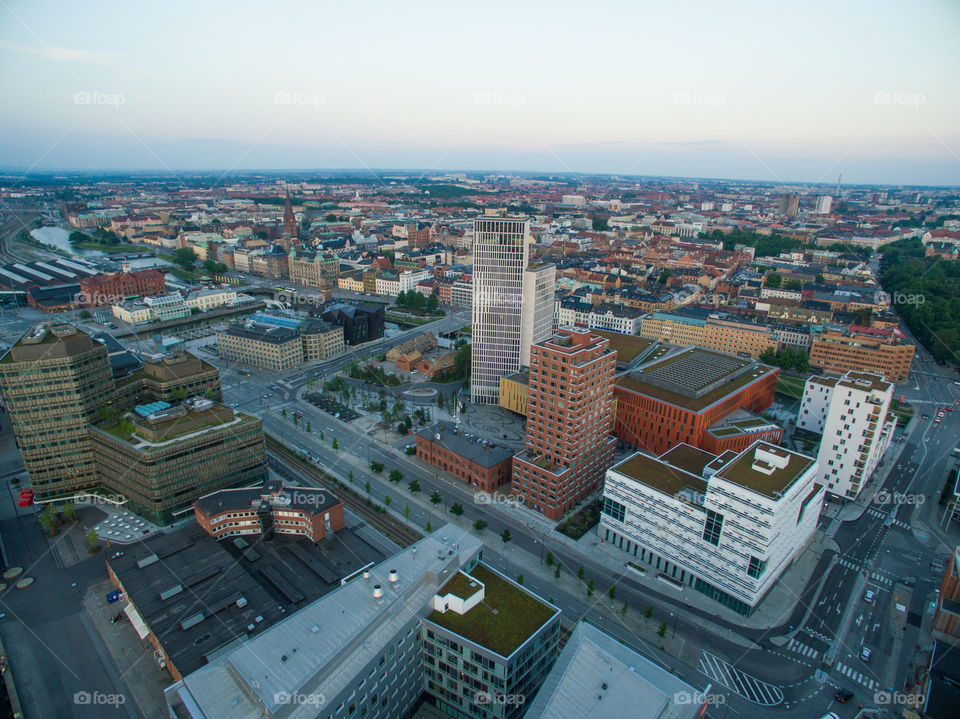 Aerial photography over Malmö Sweden and the area of Malmö Live.