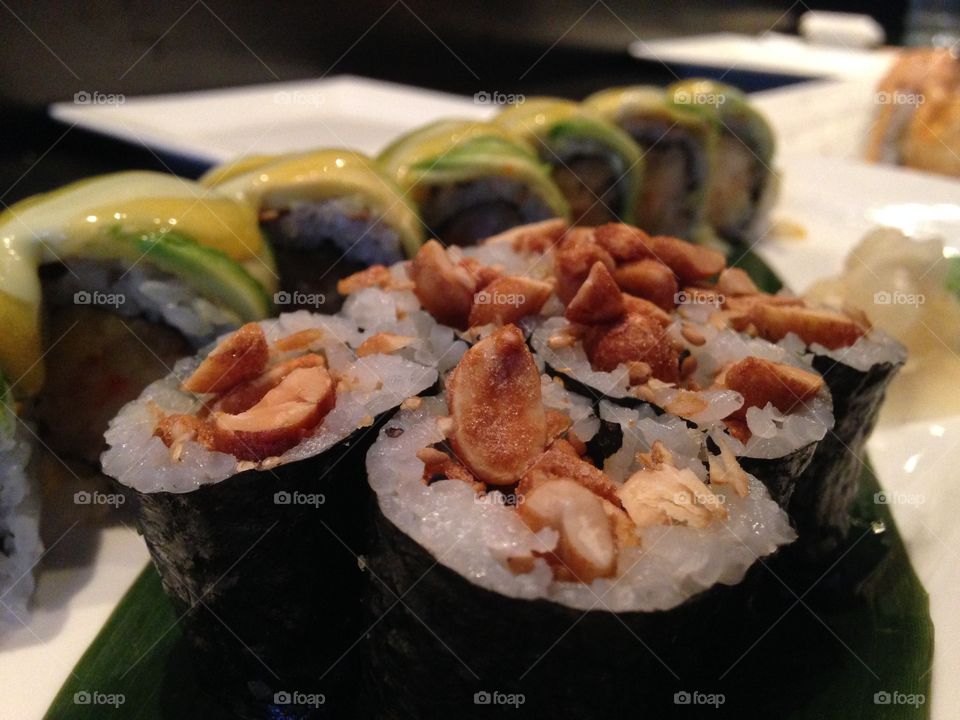 Peanut Roll . Sushi rolled with peanuts in peanut butter and rice.