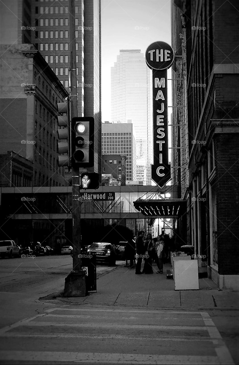 The Majestic Theater Downtown Dallas, Texas at Dusk in black & white