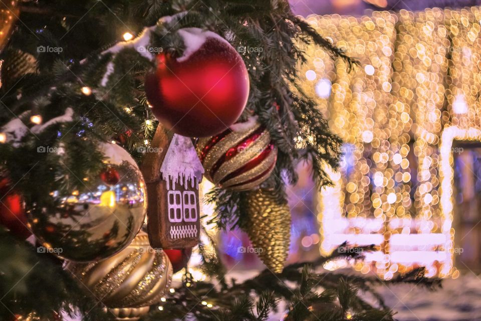 Christmas decorations with bokeh on background