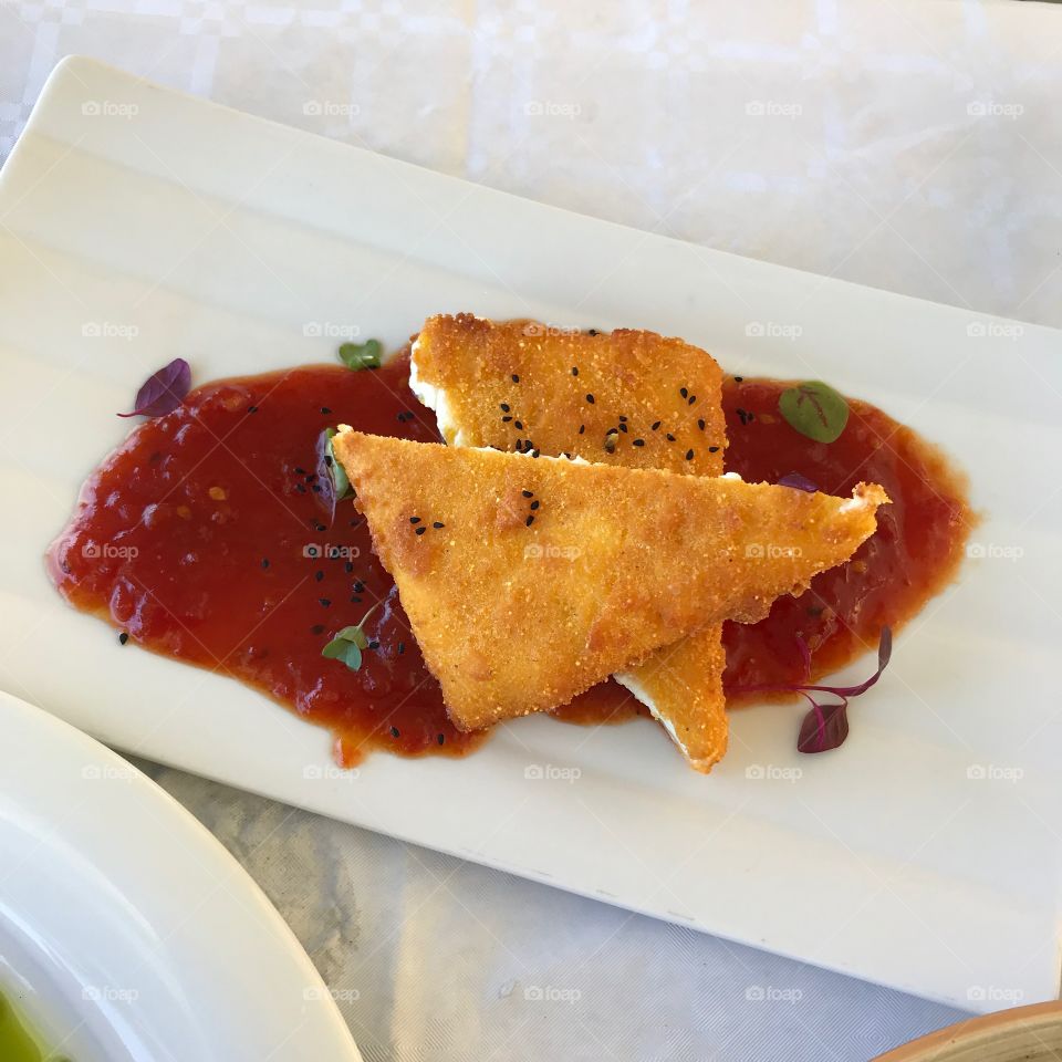Fried feta and tomato marmalade 