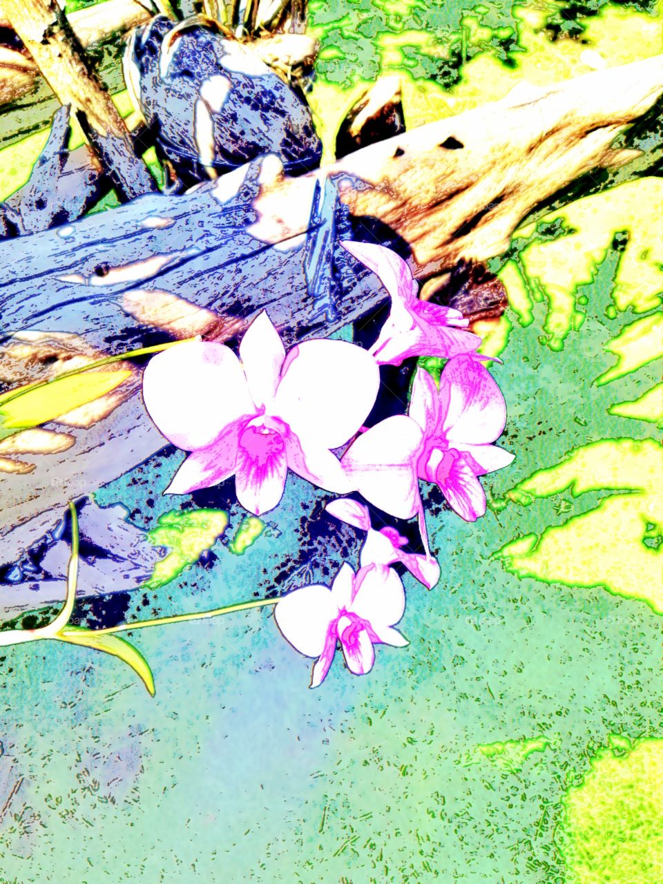 Crayon drawing of pink orchids growing on drift wood root in a tropical garden, Mindoro, Philippines