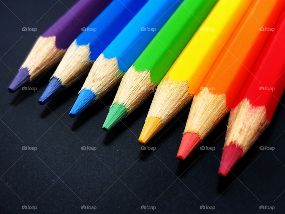 A Rainbow of colored pencils... Colorful, bright and giving a happy feeling. Red, Orange, Yellow, Green, Blue, Indigo and Violet. The white light spectrum decomposed.