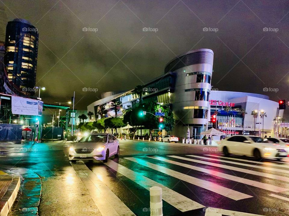 Near LA Live and Staples Center on a rainy February night (Vivid filter)