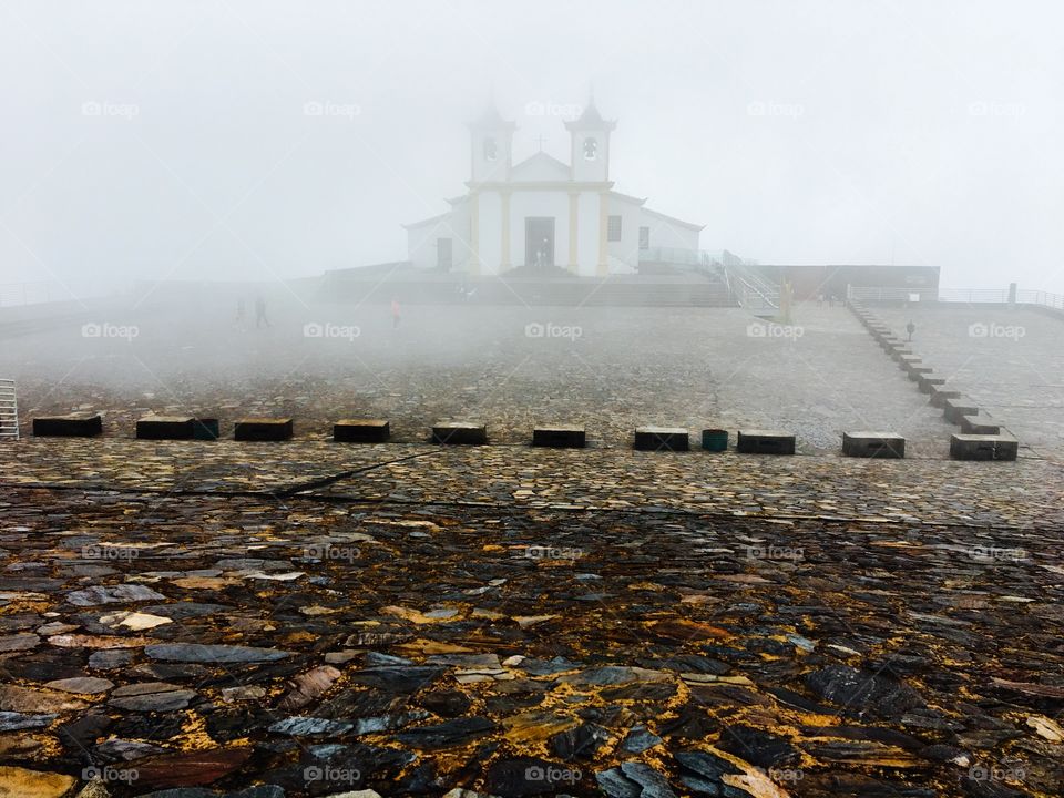 Church in foggy weather